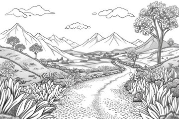Fototapeta premium Coloring book illustration of a winding gravel road through mountainous scenery