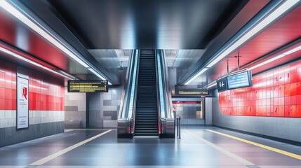 Obraz premium Subway station poster mockup beside an escalator, ready for promotional content in a high-traffic urban setting.