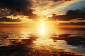Fototapeta premium Golden Sunset over Calm Ocean Water with Dramatic Clouds
