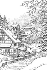 Coloring book illustration of a picturesque village covered in snow during winter
