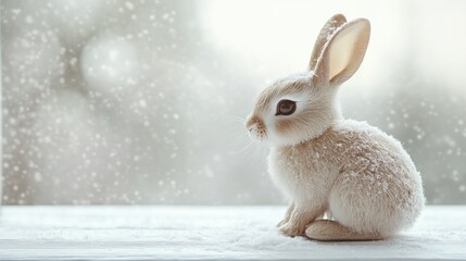Toy rabbit placed on a white wood surface, surrounded by a wintery ambiance. Blank area for custom text or branding.