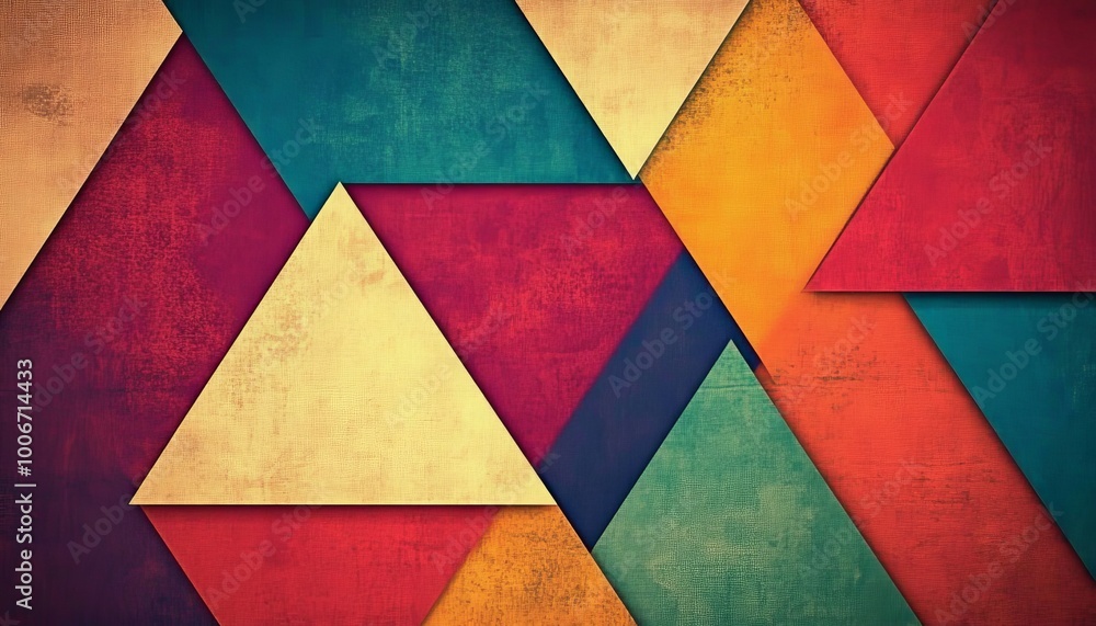 Poster this image features a vibrant geometric design with overlapping triangles in various colors, creatin