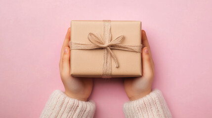 Child hands presenting a vibrant gift box against a soft pink backdrop, evoking joy and anticipation for the surprise inside.