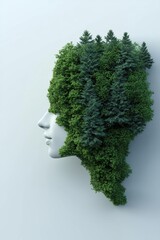 A creative representation of nature merging with human form, featuring a face made of lush green trees and vibrant foliage. Eco-friendly concept.