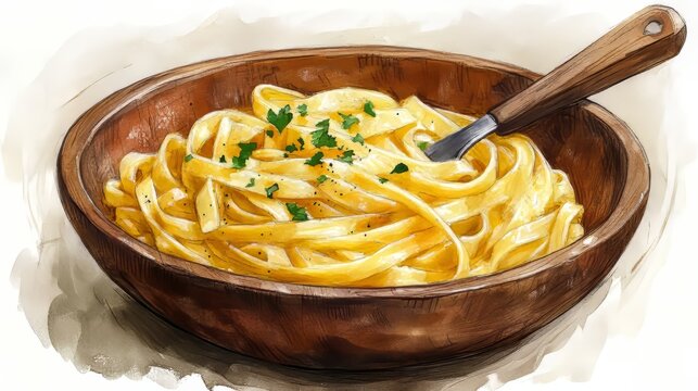 Plato de fettuccine en una salsa cremosa, servido en un bol de madera y decorado con perejil fresco. Un plato reconfortante ideal para los amantes de la pasta italiana.