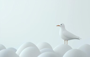 Obraz premium A minimalistic illustration of a white bird standing on white eggs against a soft, light background, evoking a sense of calm and serenity.