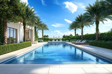 a large outdoor pool with depth and palm trees in the background, grey patio tiles around it.