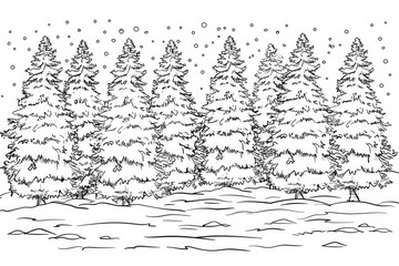 Fototapeta premium Coloring book illustration of a serene winter scene with snow covered trees