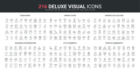 Business partnership, support and cooperation in team, city elements for comfort life and security line icon set. Urban and office culture, infrastructure thin black outline symbol vector illustration