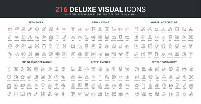 Business partnership, support and cooperation in team, city elements for comfort life and security line icon set. Urban and office culture, infrastructure thin black outline symbol vector illustration