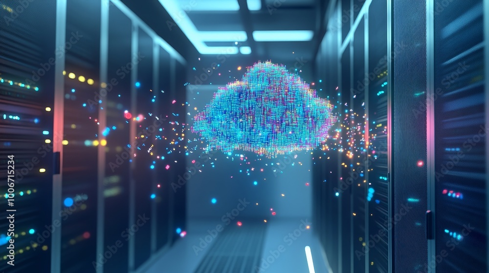 Poster the image features a vibrant digital cloud created with particles, symbolizing cloud computing in a 