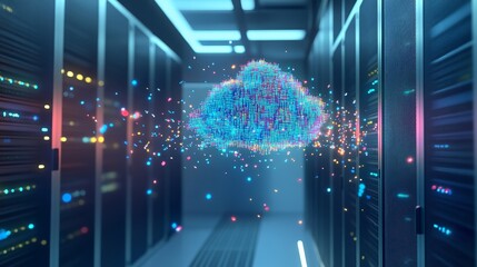 The image features a vibrant digital cloud created with particles, symbolizing cloud computing in a server room.
