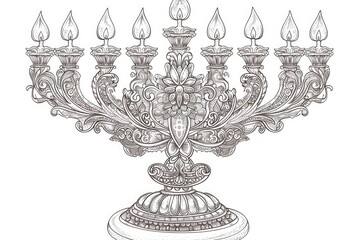Coloring book illustration of an ornate menorah with lit candles Festive celebration theme
