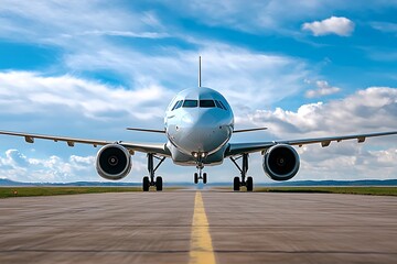 Commercial Airplane Taxiing on Runway, Front View