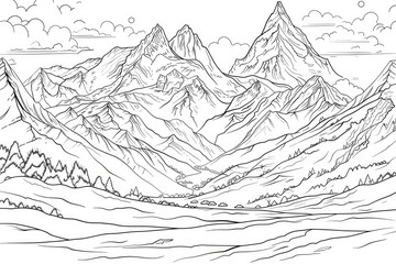 Coloring book illustration of a winter landscape featuring majestic mountains and a prominent peak