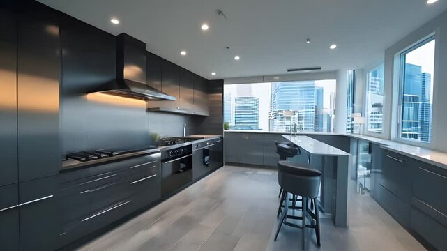 Modern kitchen featuring sleek cabinetry, stainless steel appliances, and a spacious layout with large windows offering urban views