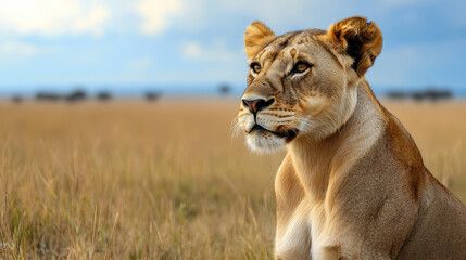 Obraz premium A detailed photograph of a lioness, gazing intently at her surroundings, with the African plains in the background