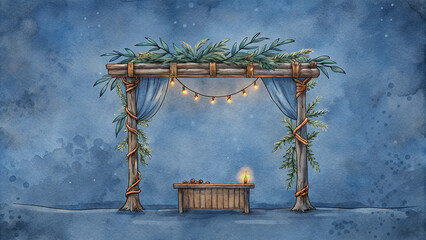 Rustic sukkah wood background, watercolor style, warm festive lighting
