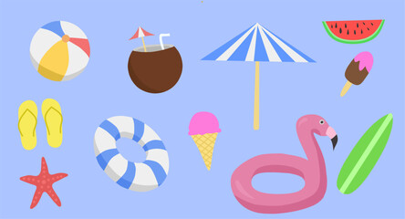 Vector Set Of Summer Icons There Are Beach Balls, Buoys, Ice Cream, Slippers, Umbrellas, Watermelon, Starfish And Coconuts
