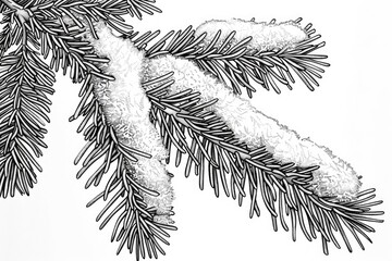 Coloring book illustration of a winter pine branch adorned with snow close up
