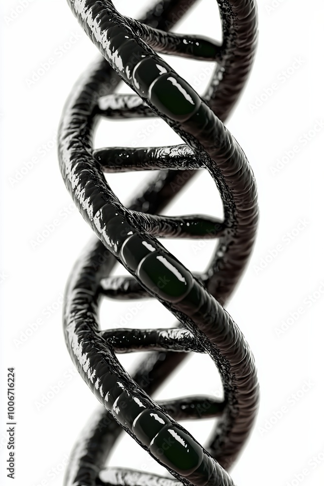 Poster a close-up view of a black dna double helix, showcasing its intricate structure and glossy texture a