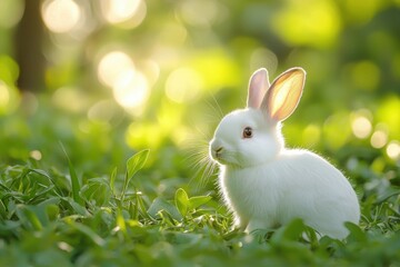 Obraz premium Adorable white rabbit sitting on lush green grass, surrounded by soft sunlight. Perfect for nature and animal-themed projects.