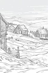 Fototapeta premium Coloring book illustration of a winter landscape with snow covered terrain rustic wooden buildings and a clear blue sky