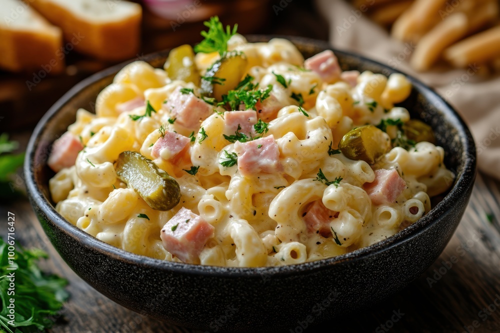 Wall mural delicious macaroni salad with ham, pickles, and dijon mustard, a tangy flavorful mix great for a banner