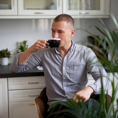 Man enjoying coffee and sitting on the chair and drinking coffee and tea on the coffee chair 