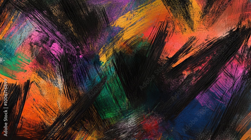 Poster an expressive abstract painting showcasing a dynamic blend of vibrant colors applied with bold and e