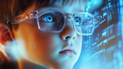Young child immersed in digital data visualization, exploring technology and coding concepts at a futuristic setting.