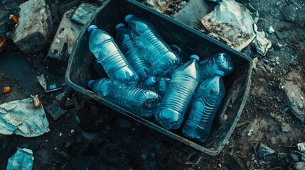 A collection of discarded plastic water bottles in an outdoor bin, emphasizing themes of environmental waste and recycling challenges.