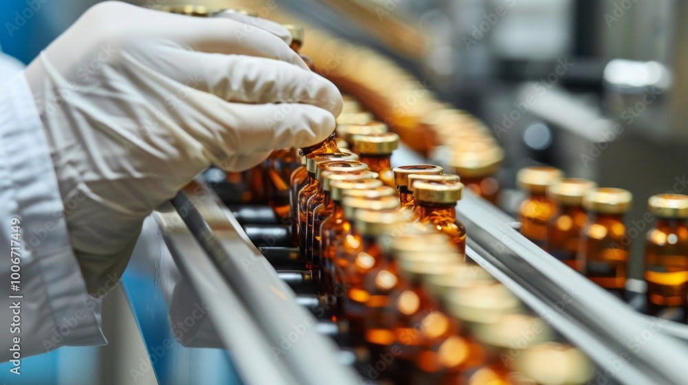 Poster a worker in a white lab coat is handling a row of brown bottles