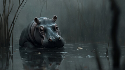Fototapeta premium a tiny baby hippo who is extremely depressed and despondent,