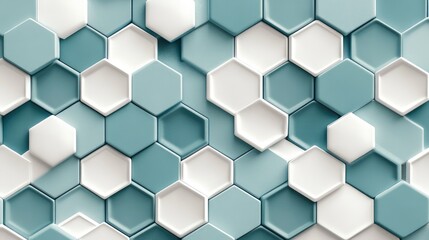 Fototapeta premium A tile pattern with interlocking hexagons in teal and white, creating a clean, geometric design with subtle 3D depth.