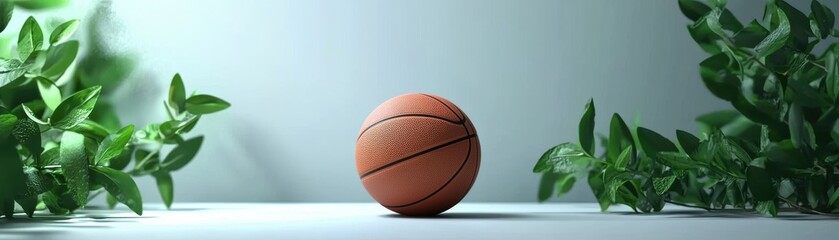 Obraz premium A vibrant basketball resting on a surface surrounded by lush greenery, symbolizing sports, nature, and the energy of athleticism.