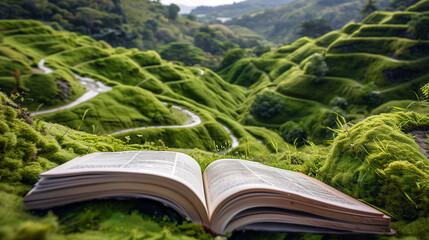 Enchanting Countryside Adventure: Open Book Reveals Green Terraced Fields and Winding Paths Amidst Lush Rolling Hills