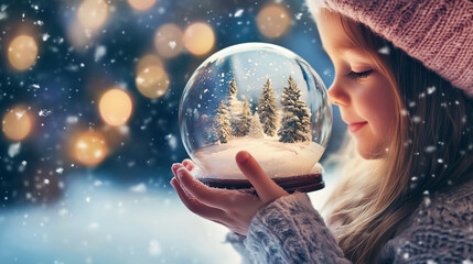 Naklejka premium Young child holds a shimmering snow globe filled with tiny Christmas tree inside during a snowy evening in winter wonderland.