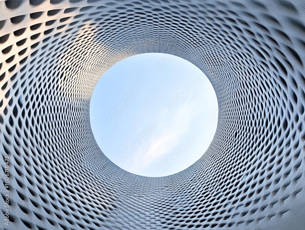 Poster a circular opening in a modern building with a blue sky visible through the geometric pattern.