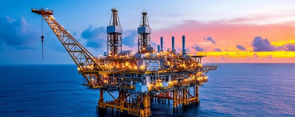 Panoramic view of an offshore oil rig at sunrise, endless ocean beneath, vivid colors in the sky reflecting off the metal structures, soft lighting adding a peaceful atmosphere