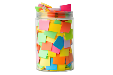 A colorful jar filled with vibrant sticky notes, perfect for organizing thoughts, ideas, or reminders in a cheerful workspace.