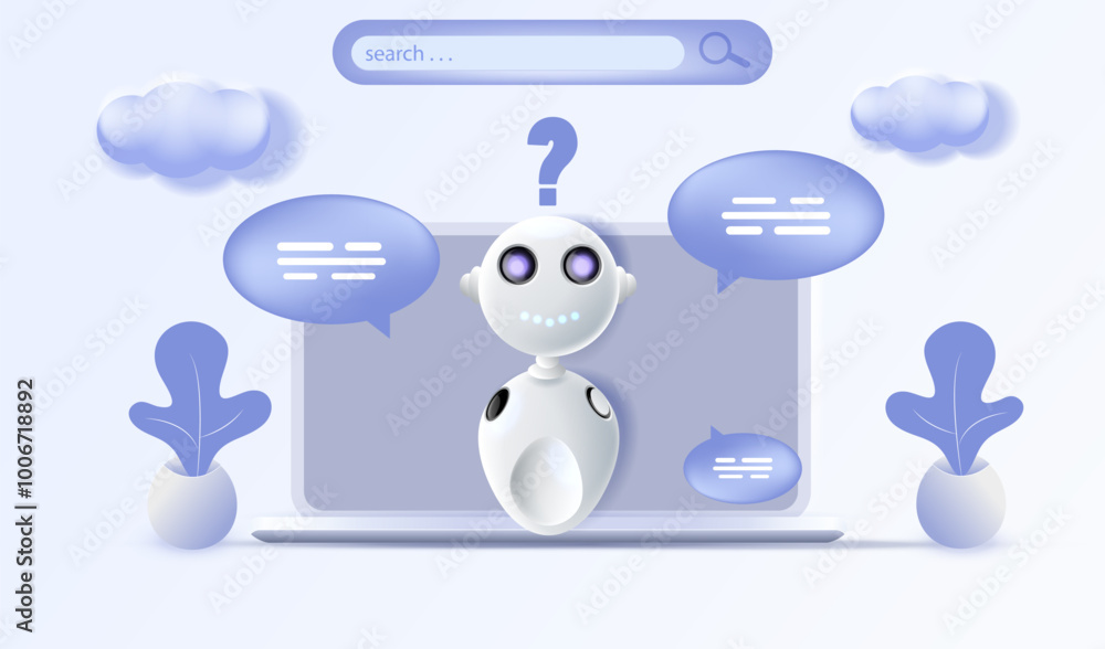 Poster chat bot virtual assistant on laptop vector illustration. digital chat bot, friendly robot applicati