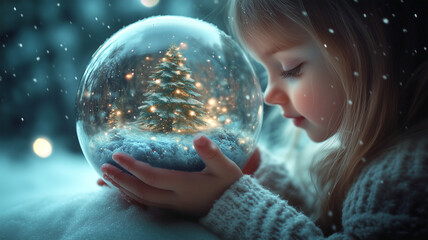 Naklejka premium Young child holds a shimmering snow globe filled with tiny Christmas tree inside during a snowy evening in winter wonderland.