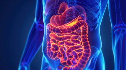 3D illustration of human digestive system highlighting intestines and stomach, showcasing anatomy and internal organs for medical and educational purposes.
