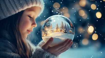 Naklejka premium Young child holds a shimmering snow globe filled with tiny Christmas tree inside during a snowy evening in winter wonderland.