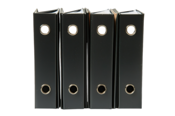 A set of black binders arranged neatly, ideal for office organization and document storage, providing a professional appearance.