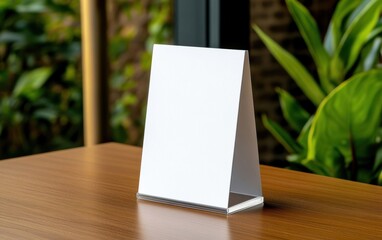 Blank tabletop sign holder in modern interior with greenery, ideal for displaying promotions, menus, or advertisements in a stylish setting.