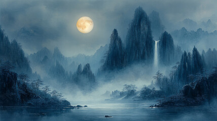 Fototapeta premium Traditional Chinese ink landscape painting,
