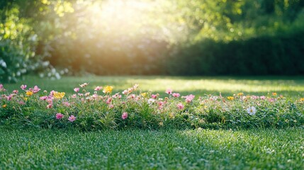 Fototapeta premium Vibrant Flower Bed in Sunlit Garden Setting