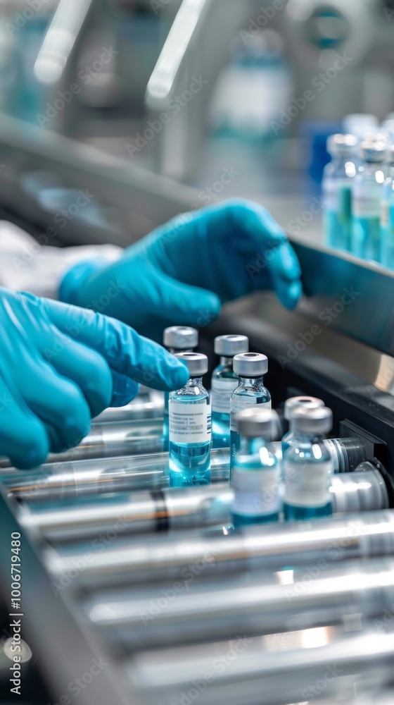 Poster A person is handling a row of blue bottles with a syringe
